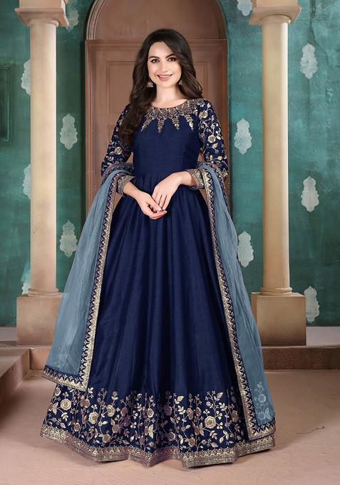 Navy Blue Zari Embroidered Adda Silk Anarkali Set