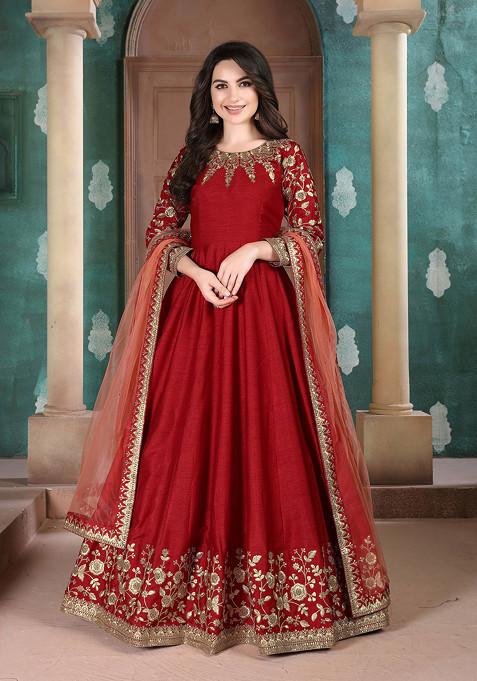 Red Zari Embroidered Adda Silk Anarkali Set