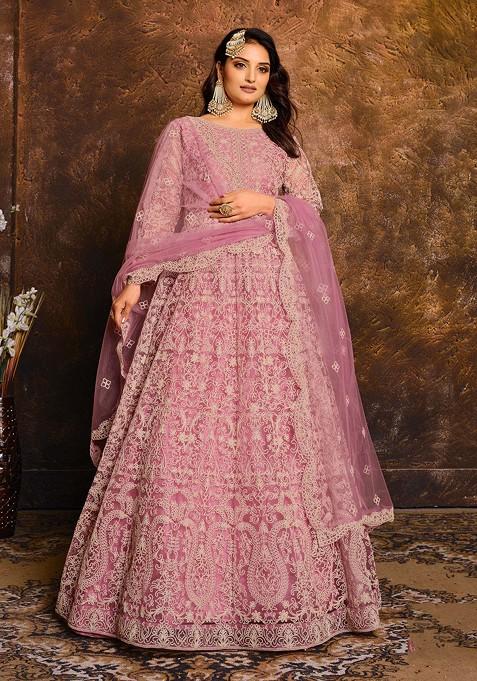 Pink Thread Embroidered Work Net Anarkali Set