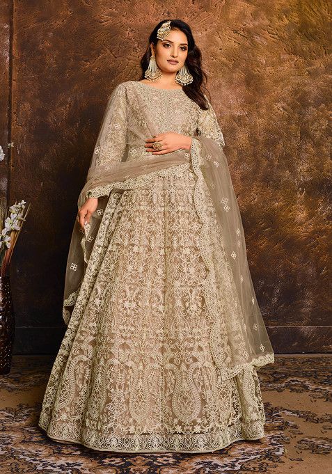 Beige Thread Embroidered Work Net Anarkali Set