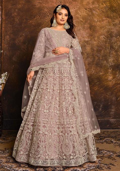 Light Purple Thread Embroidered Work Net Anarkali Set