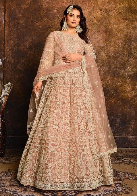 Peach Thread Embroidered Work Net Anarkali Set