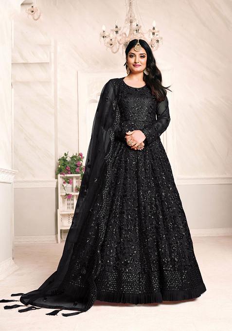 Black Sequin Embroidered Net Anarkali Set