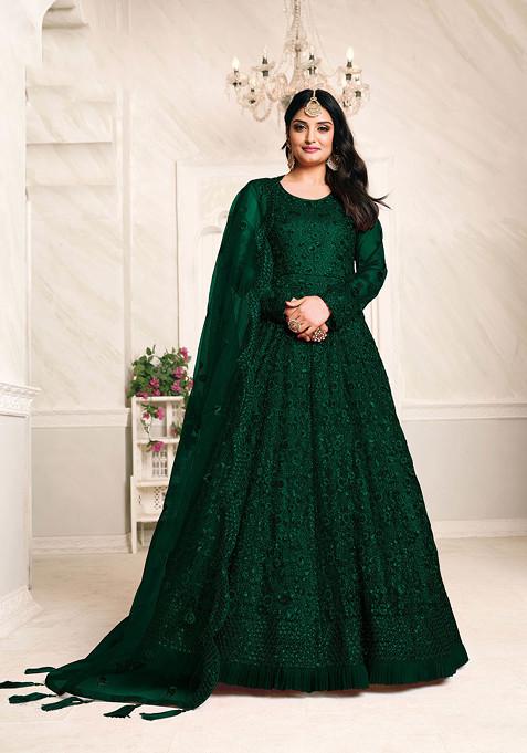 Dark Green Sequin Embroidered Net Anarkali Set