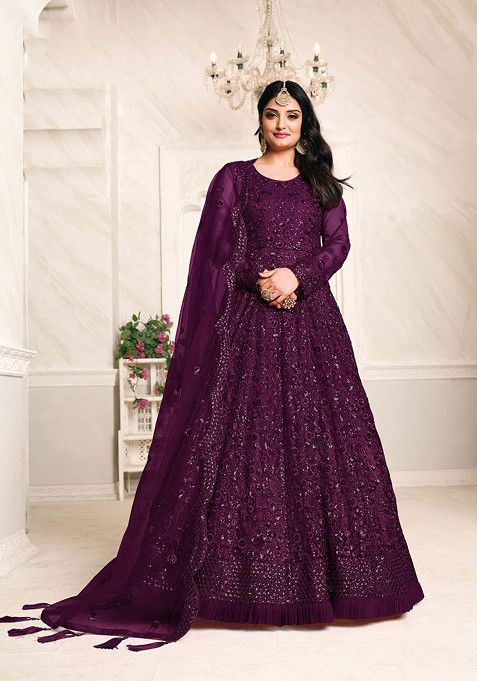 Dark Purple Sequin Embroidered Net Anarkali Set