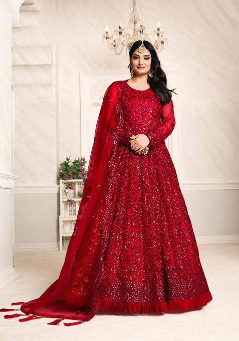 Red Sequin Embroidered Net Anarkali Set