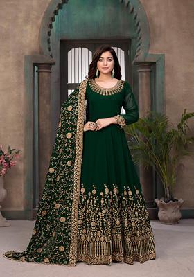 Green Zari Embroidered Faux Georgette Anarkali Set