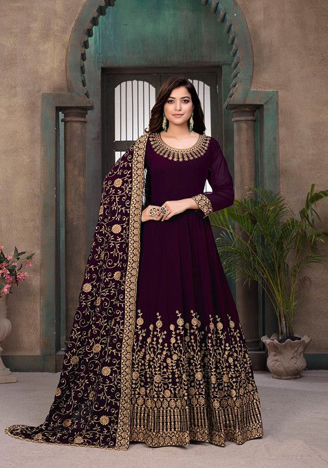 Purple Zari Embroidered Faux Georgette Anarkali Set