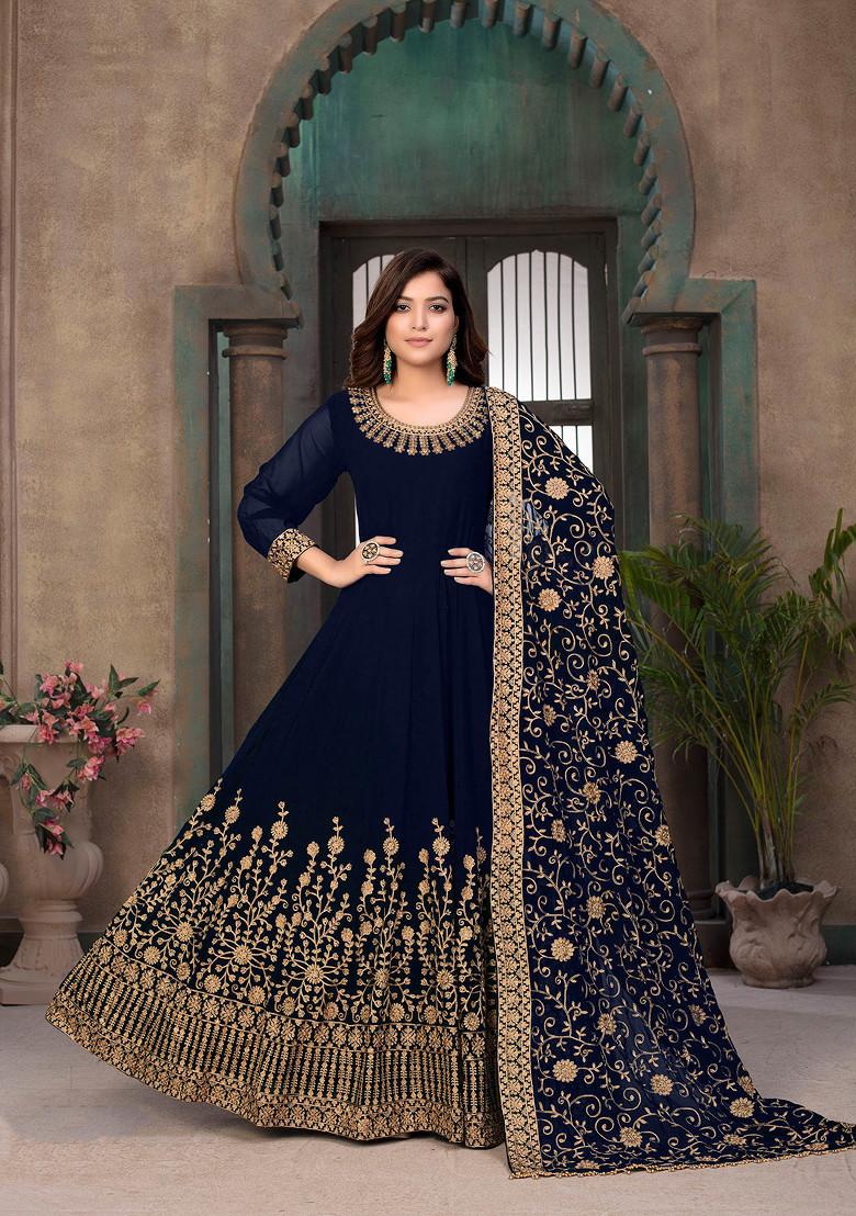 Blue Zari Embroidered Faux Georgette Anarkali Set - Indya
