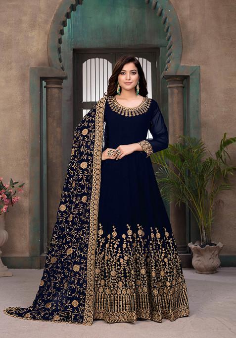 Blue Zari Embroidered Faux Georgette Anarkali Set