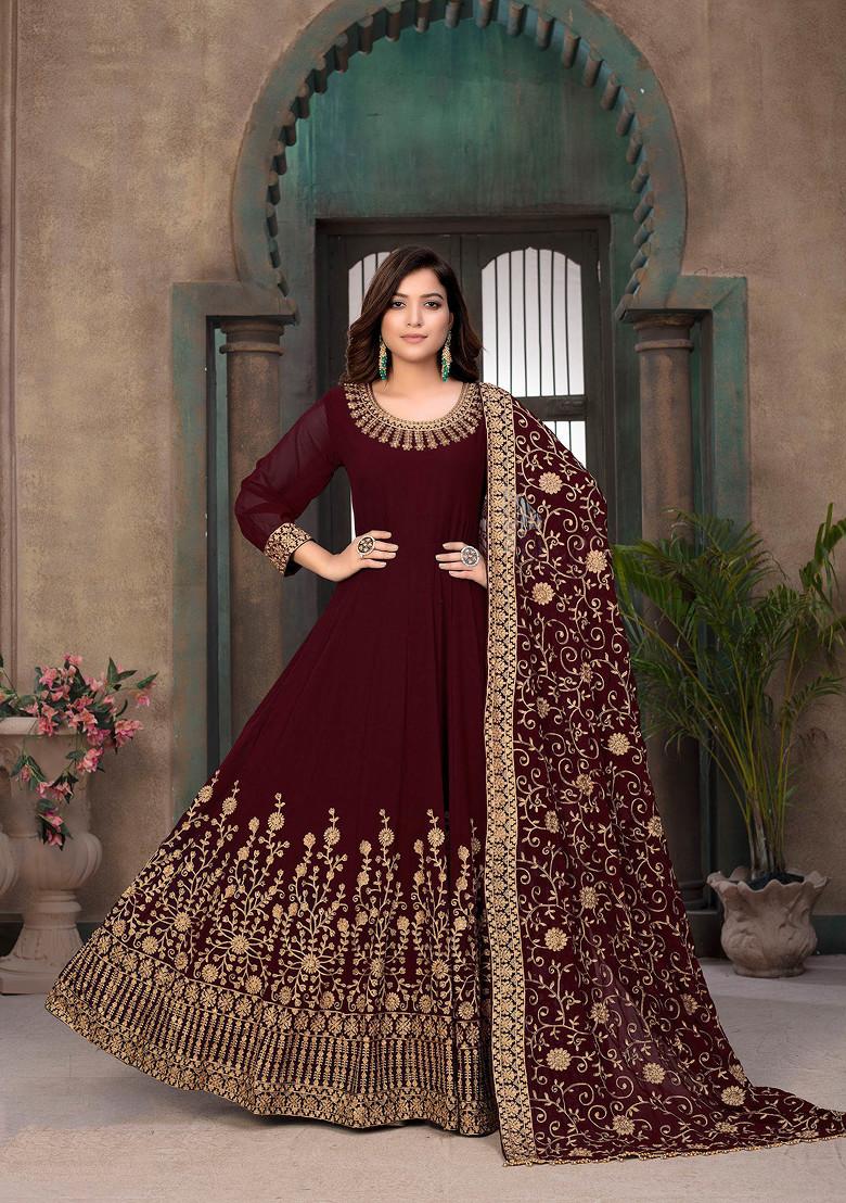 Red Zari Embroidered Faux Georgette Anarkali Set