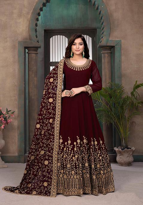 Red Zari Embroidered Faux Georgette Anarkali Set