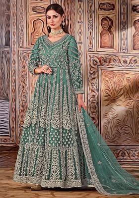 Teal Green Zari Embroidered Net Anarkali Set With Dupatta