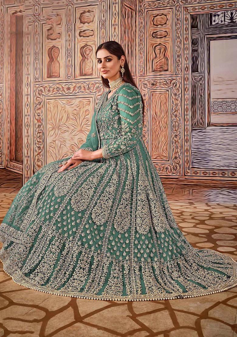Teal Green Zari Embroidered Net Anarkali Set