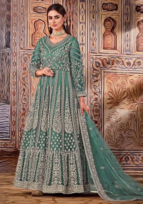 Teal Green Zari Embroidered Net Anarkali Set