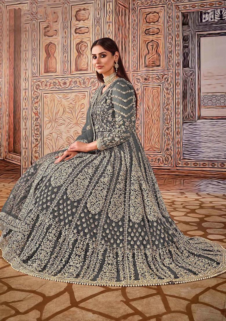 Dark Green Zari Embroidered Net Anarkali Set