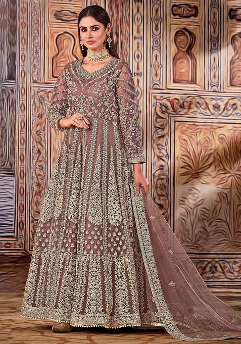 Brown Zari Embroidered Net Anarkali Set