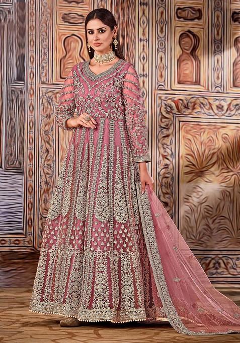 Pink Zari Embroidered Net Anarkali Set