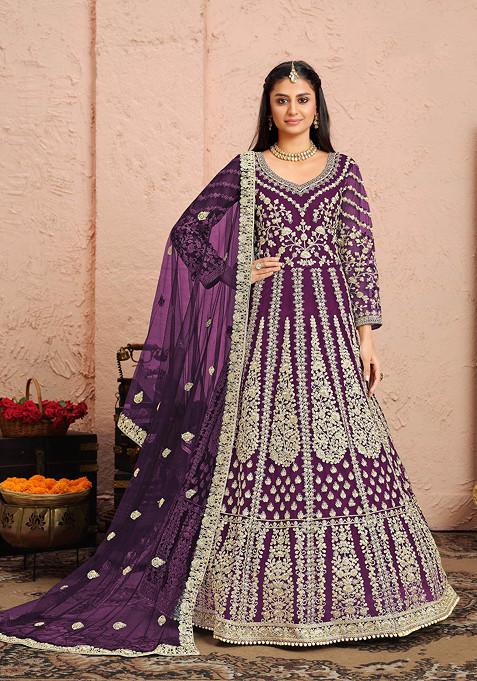 Purple Zari Embroidered Net Anarkali Set