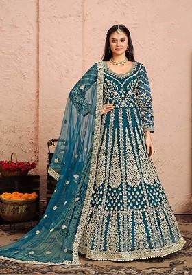 Teal Zari Embroidered Net Anarkali Set