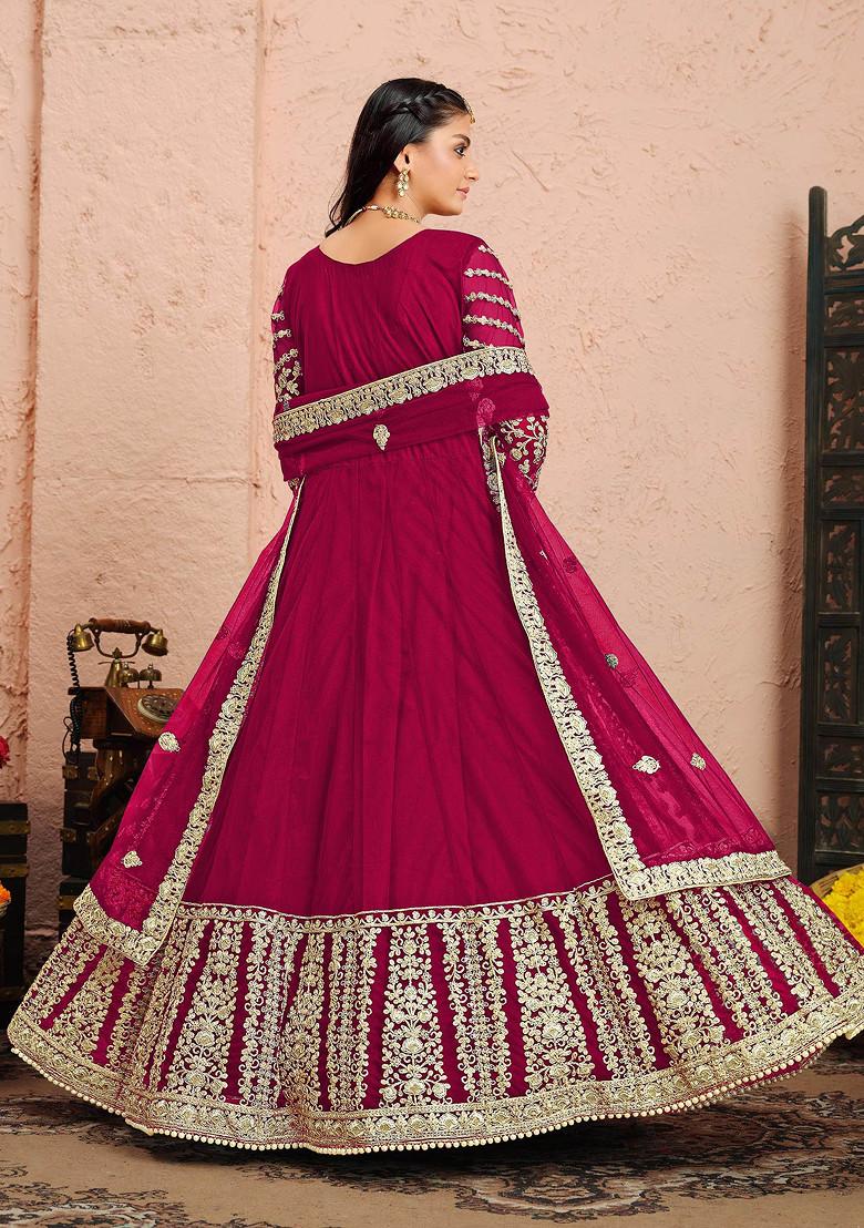 Rani Pink Zari Embroidered Net Anarkali Set