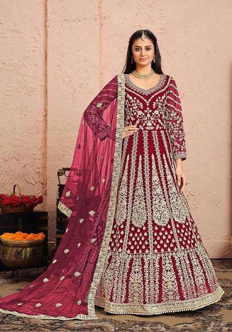 Rani Pink Zari Embroidered Net Anarkali Set