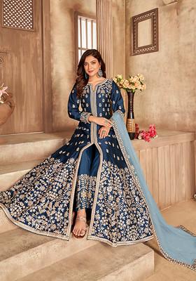 Navy Blue Mirror Work Art Silk Kurta Set