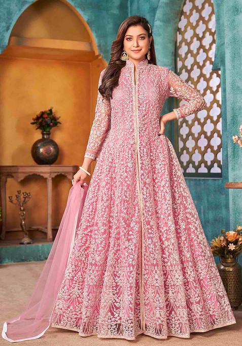 Pink Thread Embroidered Net Kurta Set