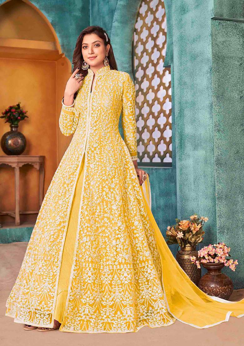 Yellow Thread Embroidered Net Kurta Set