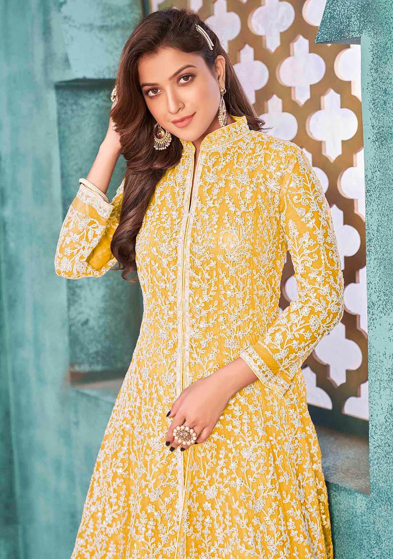 Yellow Thread Embroidered Net Kurta Set