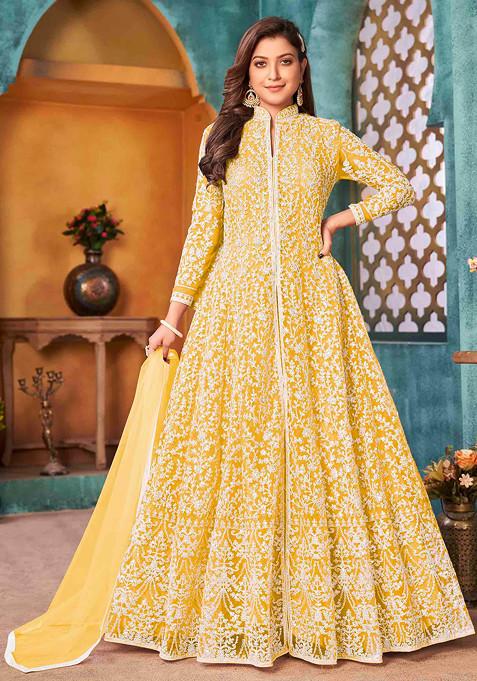 Yellow Thread Embroidered Net Kurta Set