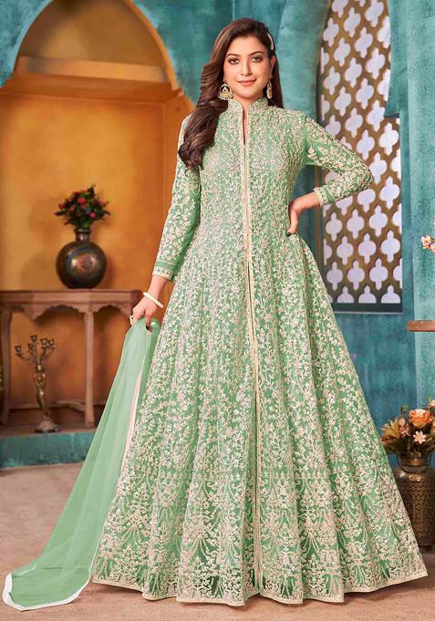 Light Green Thread Embroidered Net Kurta Set