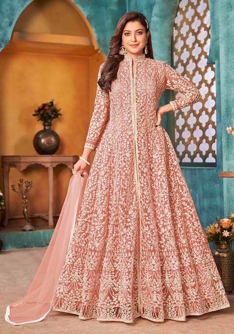 Peach Thread Embroidered Net Kurta Set