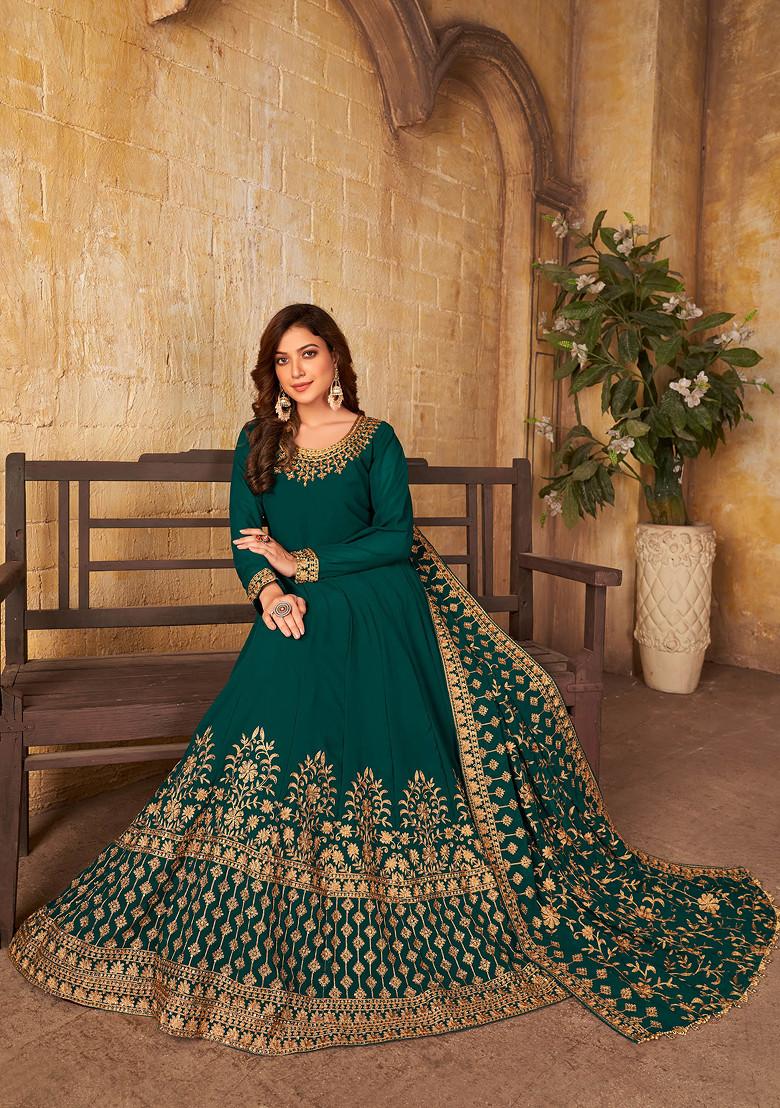 Teal Green Zari Embroidered Faux Georgette Anarkali Set