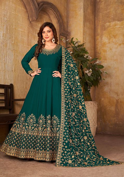 Teal Green Zari Embroidered Faux Georgette Anarkali Set