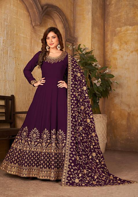 Purple Zari Embroidered Faux Georgette Anarkali Set