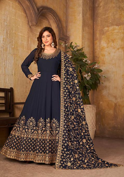 Navy Blue Zari Embroidered Faux Georgette Anarkali Set