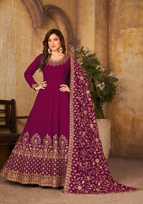 Magenta Zari Embroidered Faux Georgette Anarkali Set