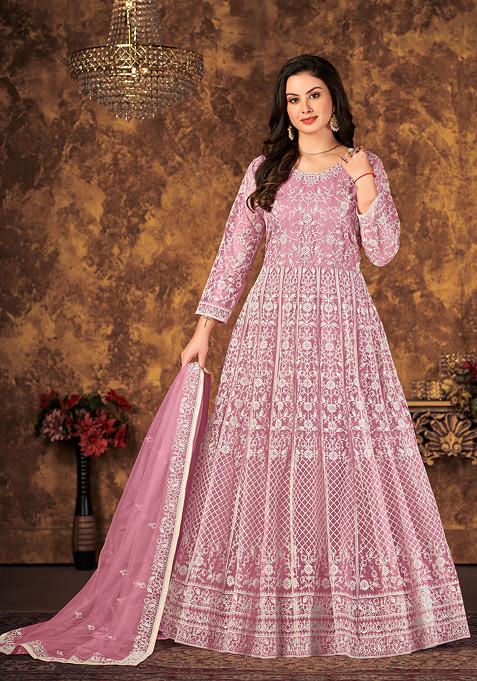 Pink Thread Embroidered Net Anarkali Set