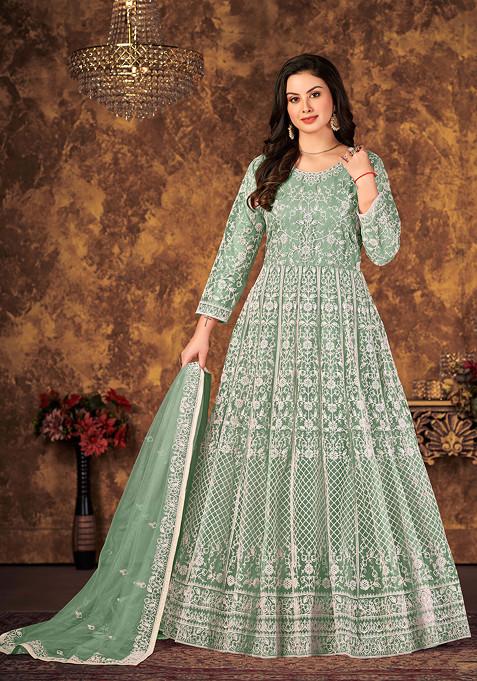 Light Green Thread Embroidered Net Anarkali Set