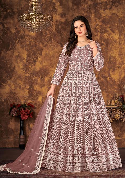 Light Brown Thread Embroidered Net Anarkali Set