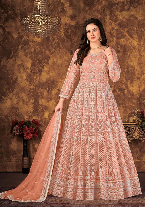 Peach Thread Embroidered Net Anarkali Set