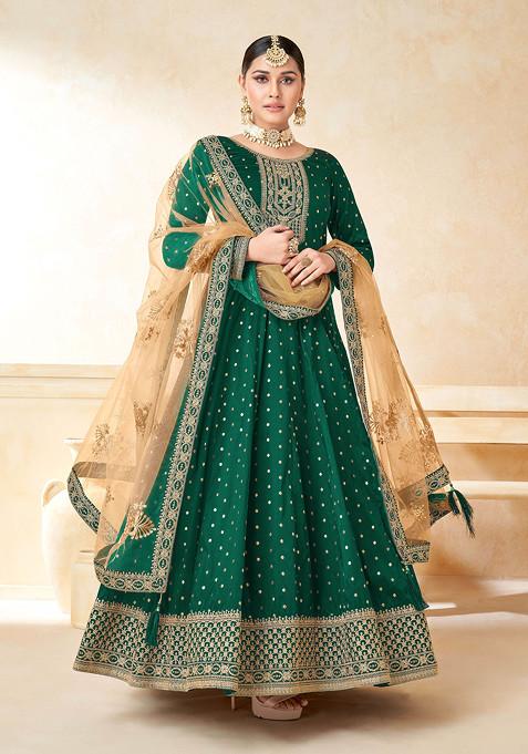 Green Thread Embroidered Work Taffeta Butti Anarkali Set