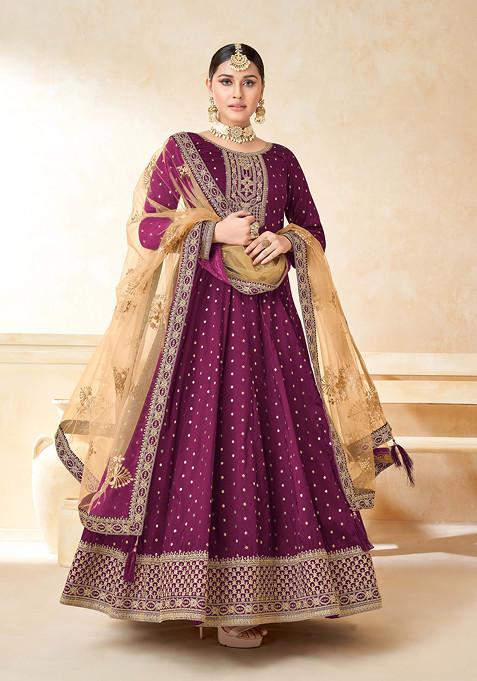 Magenta Thread Embroidered Work Taffeta Butti Anarkali Set