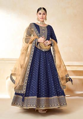 Navy Blue Thread Embroidered Work Taffeta Butti Anarkali Set