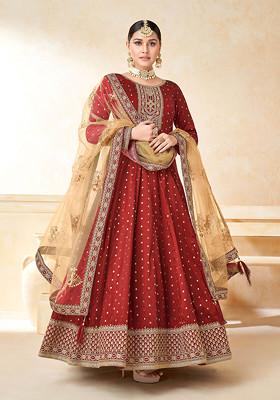 Red Thread Embroidered Work Taffeta Butti Anarkali Set