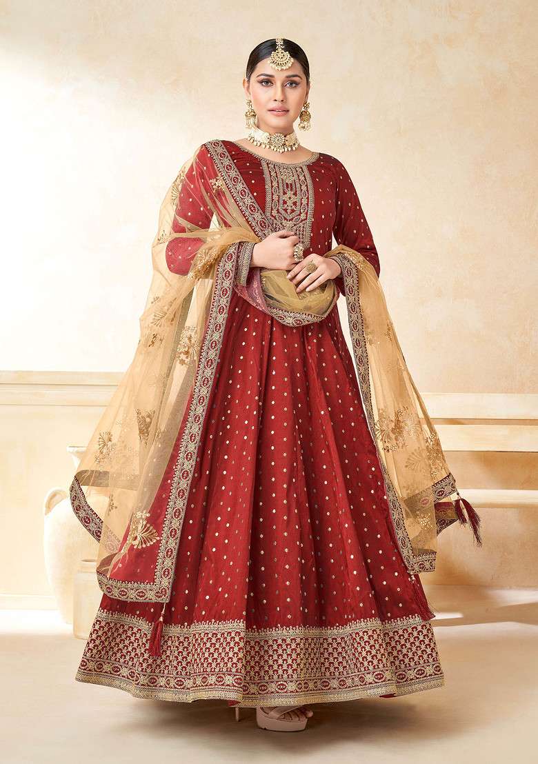 Red Embroidered Taffeta Anarkali With Dupatta - Indya