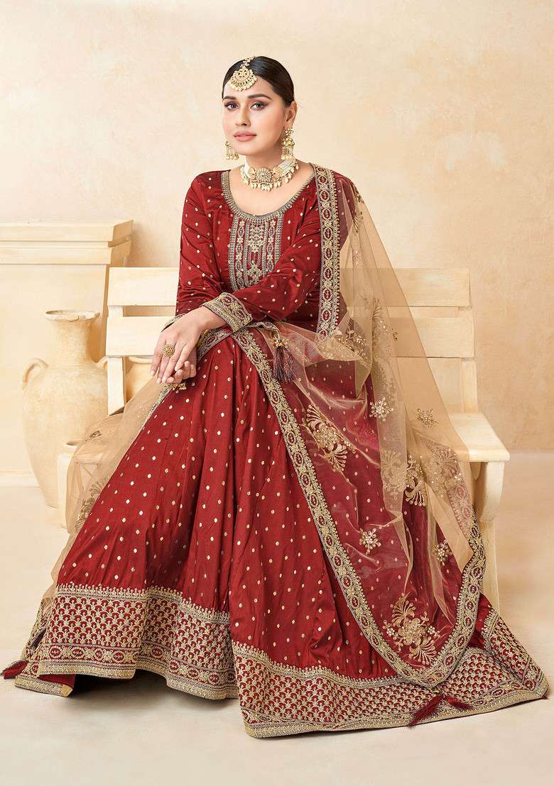 Red Embroidered Taffeta Anarkali With Dupatta - Indya
