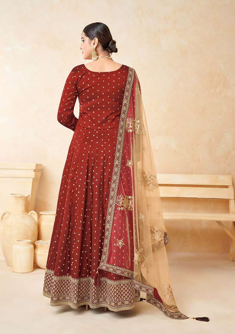 Red Embroidered Taffeta Anarkali With Dupatta - Indya