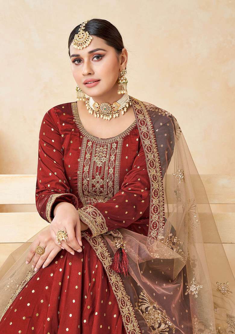 Red Embroidered Taffeta Anarkali With Dupatta - Indya